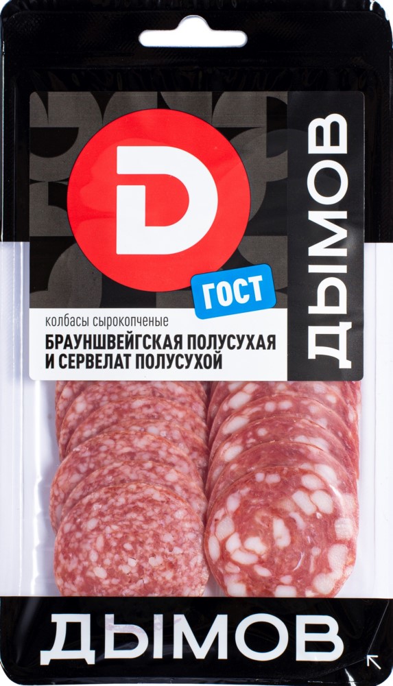 Колбаса Ассорти Брауншвейгская полусухая + Сервелат полусухой нарезка, 90г Дымов