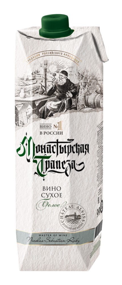 Вино Монастырская трапеза столовоебелое сухое 10-12% 1л