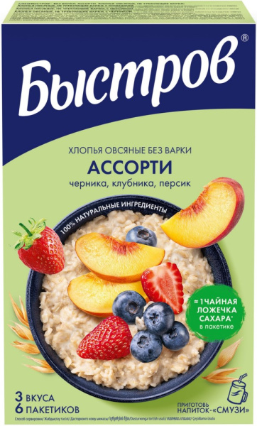 Хлопья БЫСТРОВ ассорти Клубника/Персик/Черника 240г