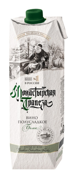 Вино столовое Монастырская трапеза белое полусладкое 10-12% 1,0л