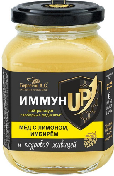 Мед натуральный ИммунUP с лимон,имбир,кедр,живиц 200г Берестов АС