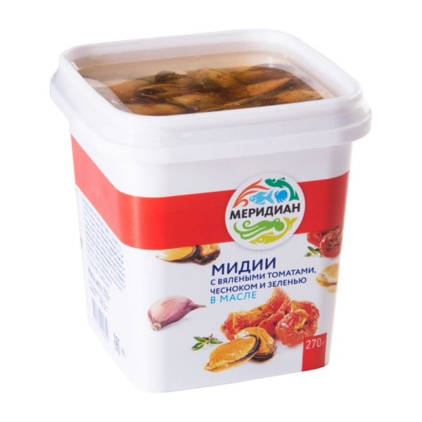 Мидии Меридиан в масле с вяленым томатом, чесноком и зеленью 270г