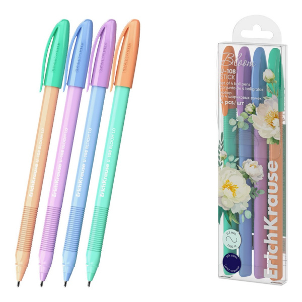 Набор из 4 шариковых ручек ErichKrause U-108 Stick Pastel Bloom  синие 1.0мм