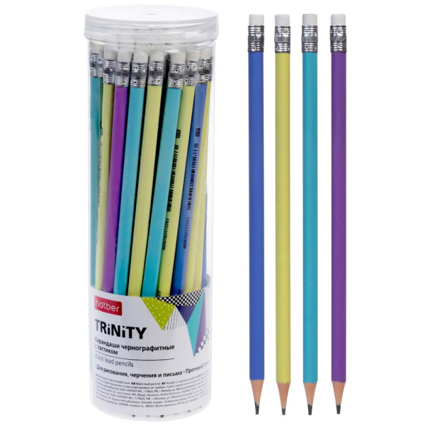 Карандаш чернографитный Hatber TRINITY HB с ластиком