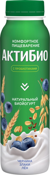 Биойогурт питьевой АктиБио черника/злаки/семена льна 1,6% 260г