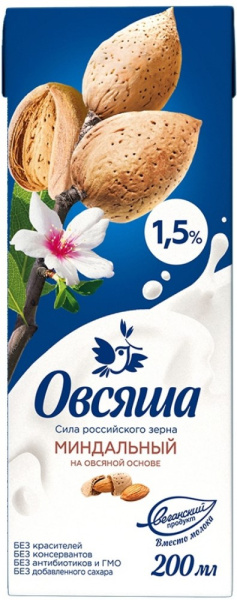 Напиток овсяный Овсяша миндаль 1,5% 200мл